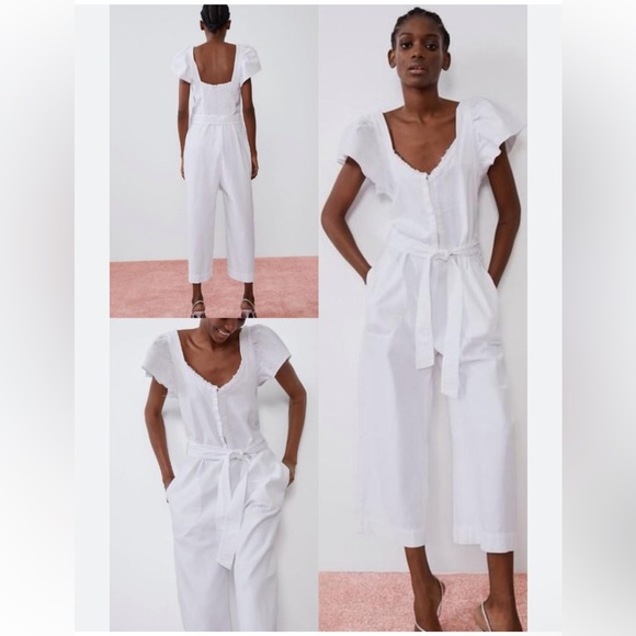 Zara White Rustic Denim Raw Hem Ruffled Cap Sleeve Belted Jumpsuit Playsuit XS - Picture 5 of 13